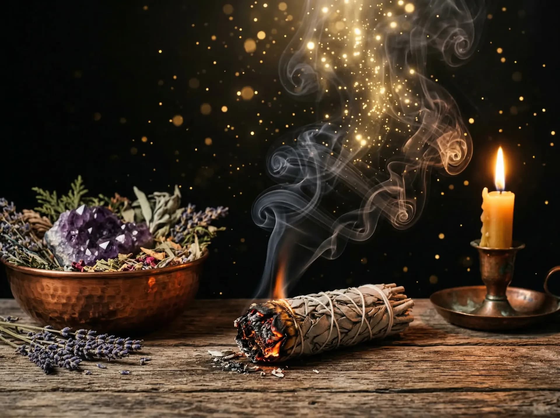Brennender weißer Salbei mit goldenem Rauch zur Aura-Reinigung und Lösung negativer Energien