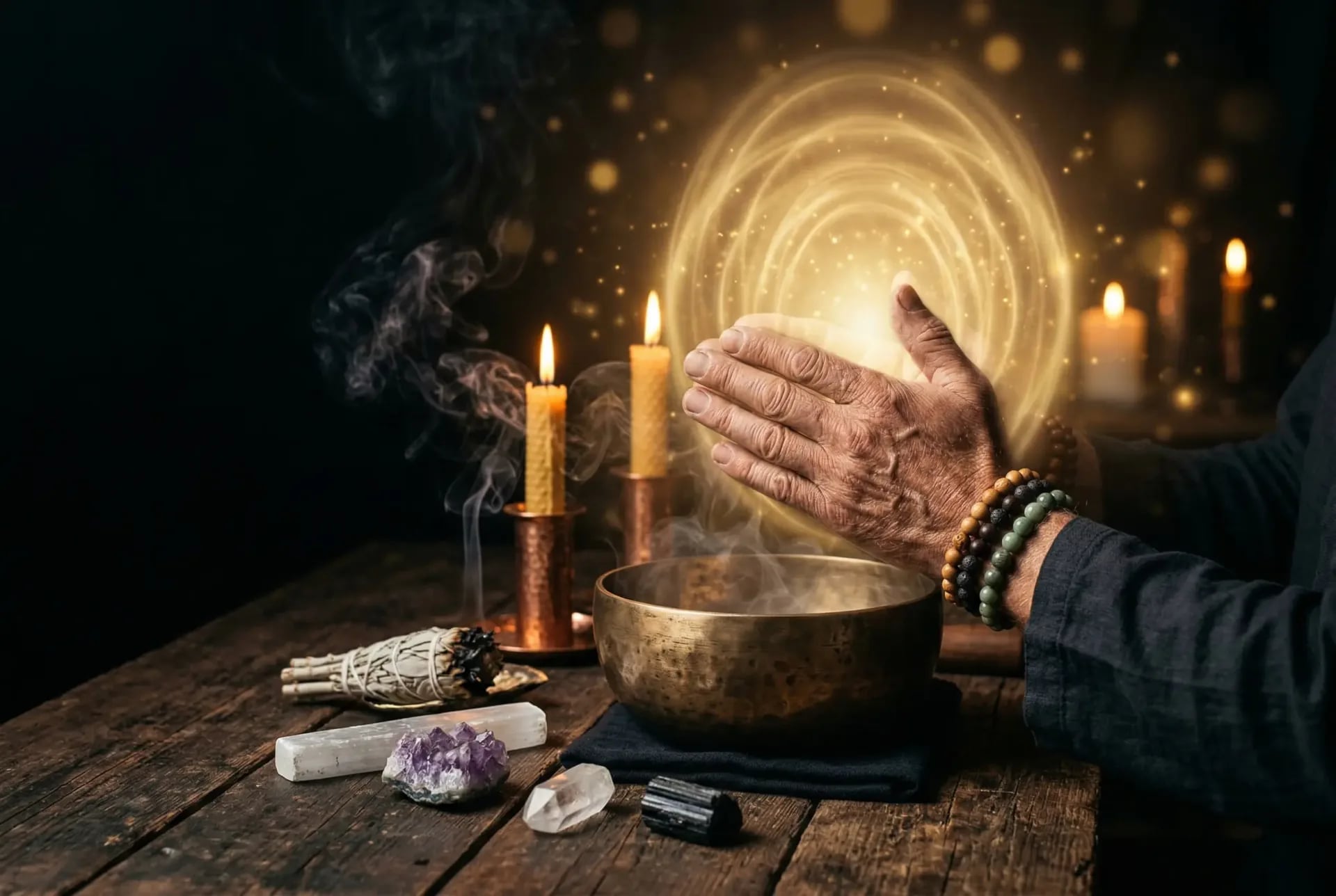 Schamanische Aura-Reinigung mit Klangschale, Kristallen und goldenem Energiefeld auf rituellem Holztisch