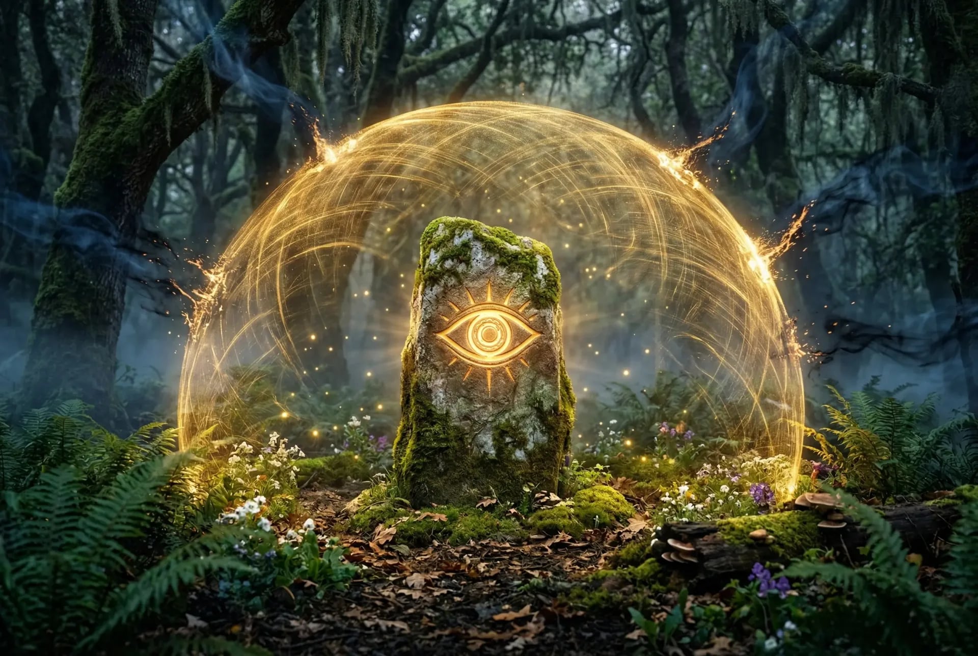 Böser Blick Schutz: Goldener schamanischer Schutzwall strahlt aus einem heiligen Stein mit Augensymbol im mystischen Wald