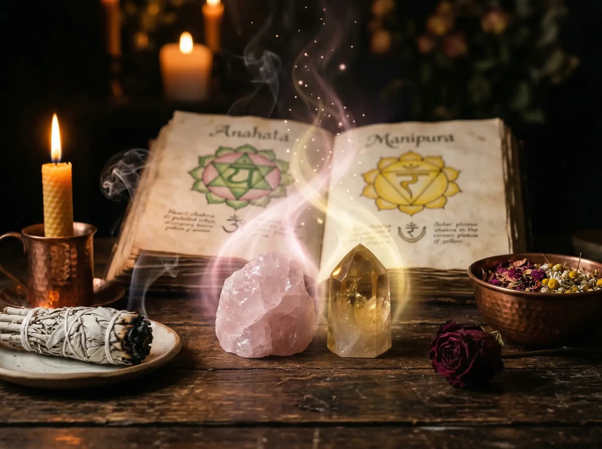 Rosenquarz und Citrin mit verschmelzendem Licht neben Grimoire mit Herzchakra-Zeichnung für emotionale Balance