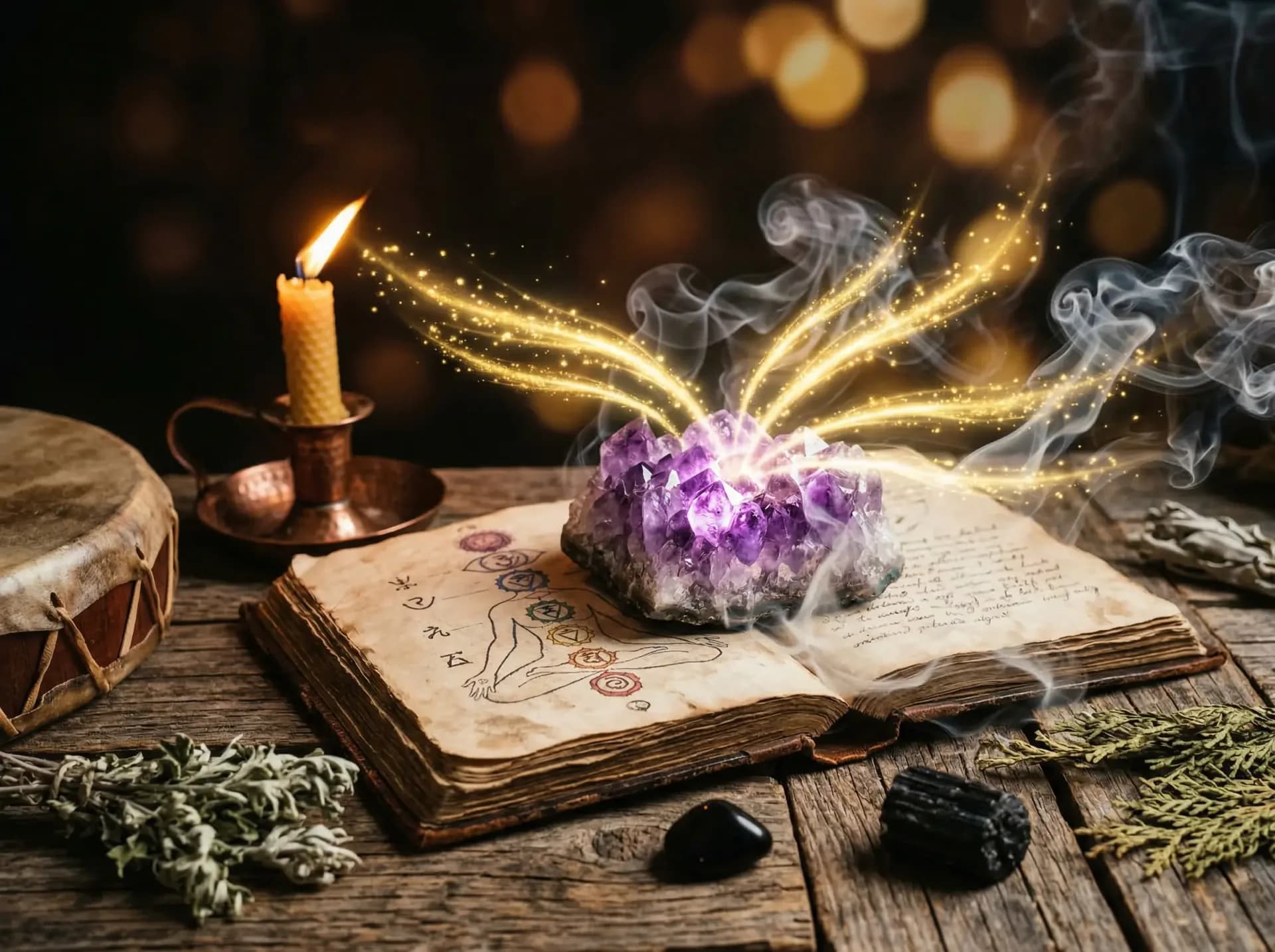 Amethyst-Cluster auf Grimoire mit Chakra-Diagramm, goldene Energieströme symbolisieren das Lösen von Chakra-Blockaden