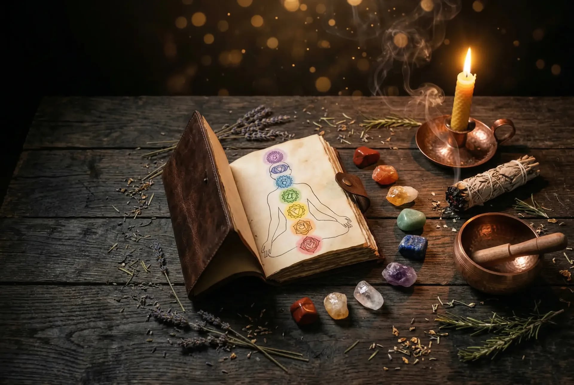 Schamanisches Ritual-Arrangement zur Chakra-Reinigung mit Grimoire, farbigen Kristallen der 7 Chakren, Salbei und Bienenwachskerze