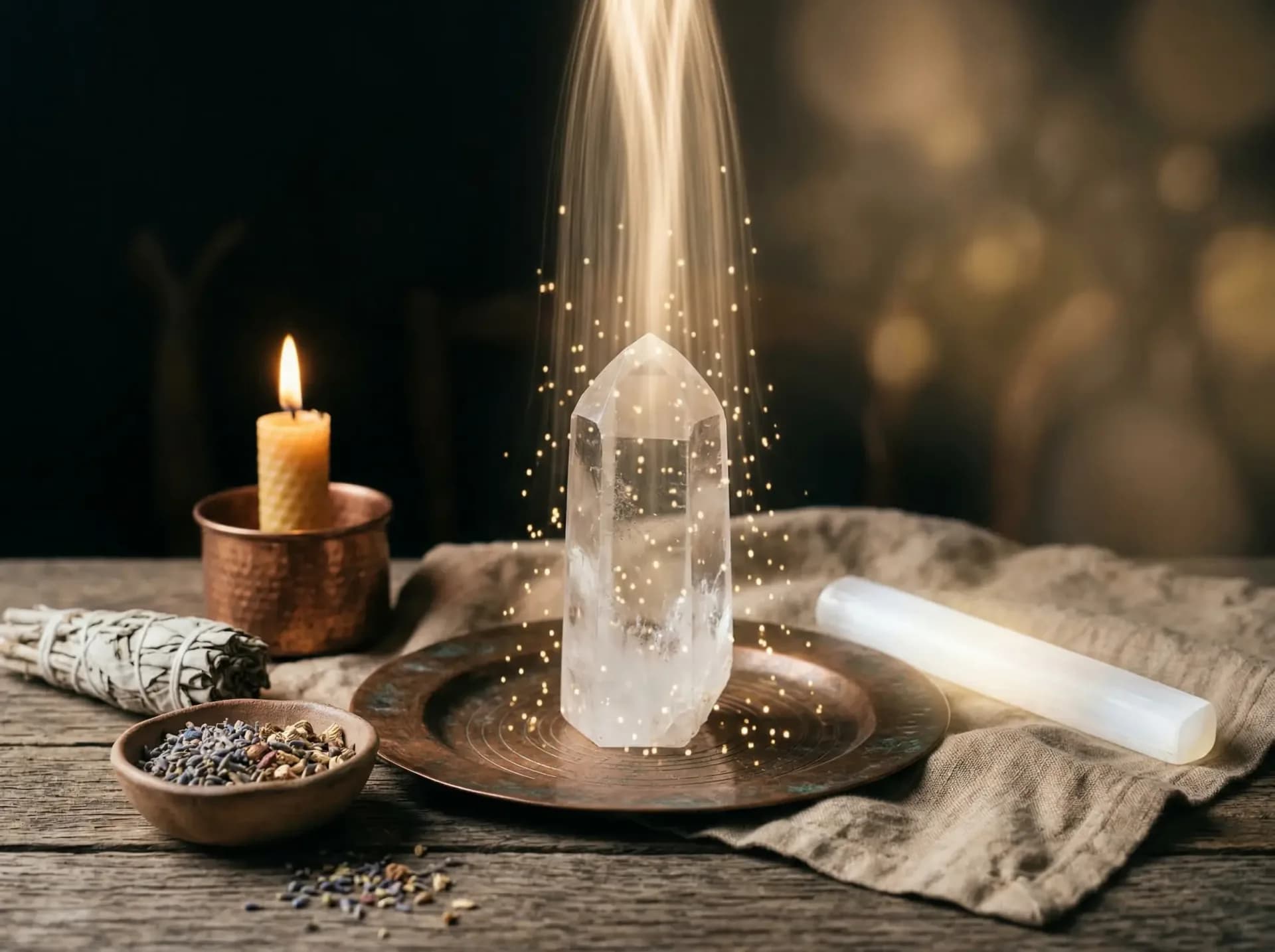 Bergkristall mit fließendem goldenem Licht, Lavendel und Selenit als Symbole für Chakra-Heilung und Wohlbefinden