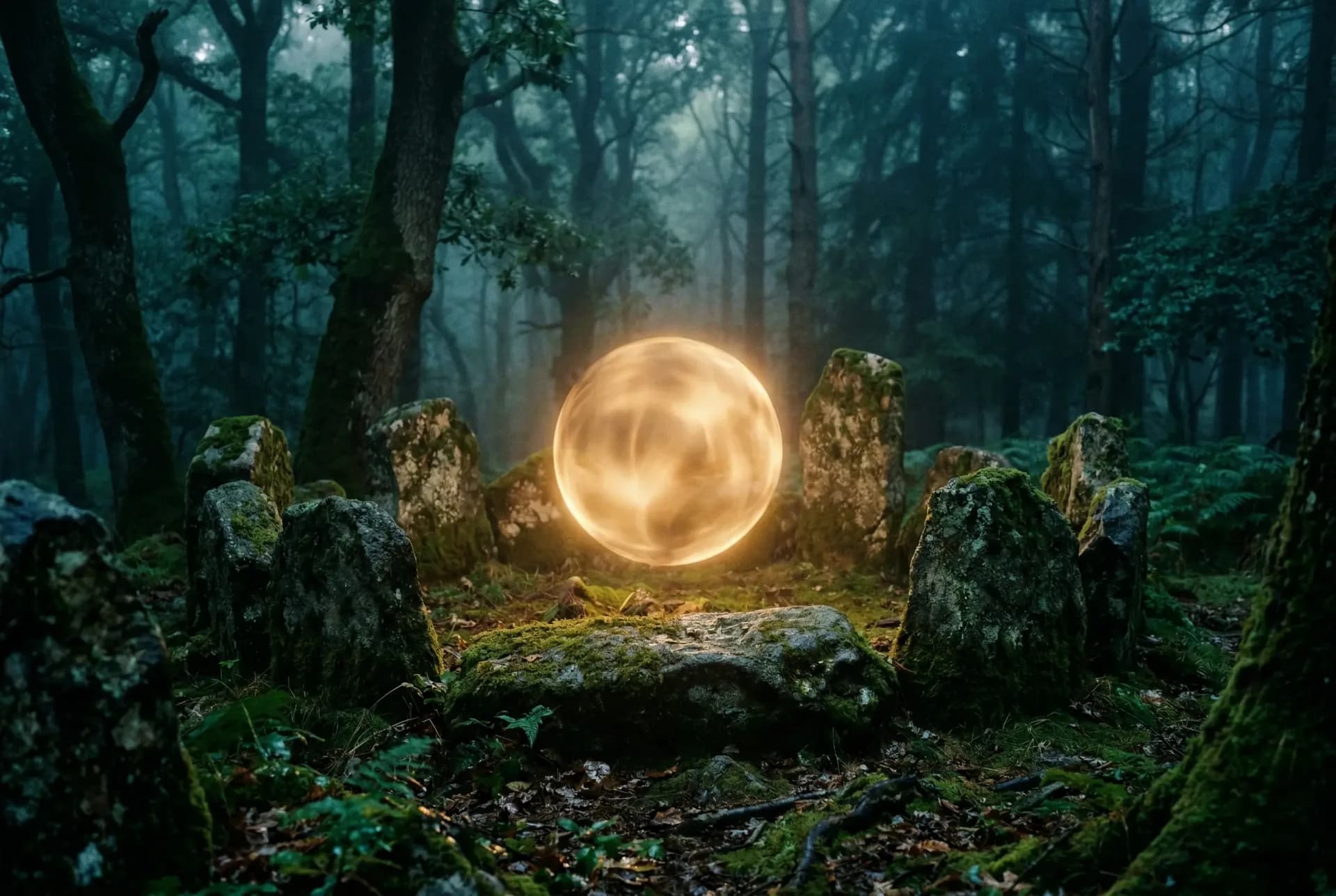 Schamanisches Schutzritual mit goldenem energetischem Schutzschild im mystischen Steinkreis