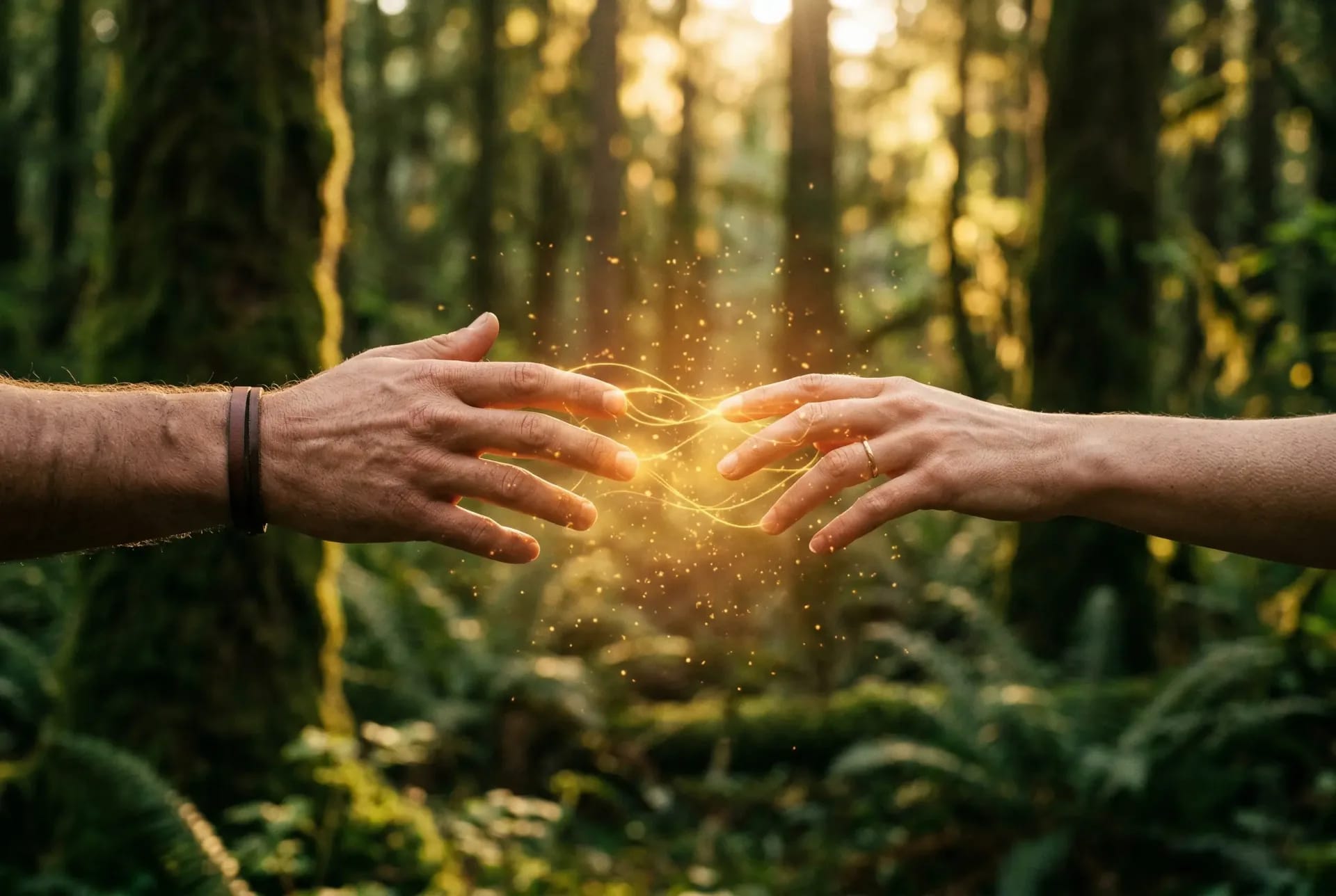 Ex zurückgewinnen durch schamanische Liebesmagie: Goldene Energie verbindet zwei Hände im mystischen Wald