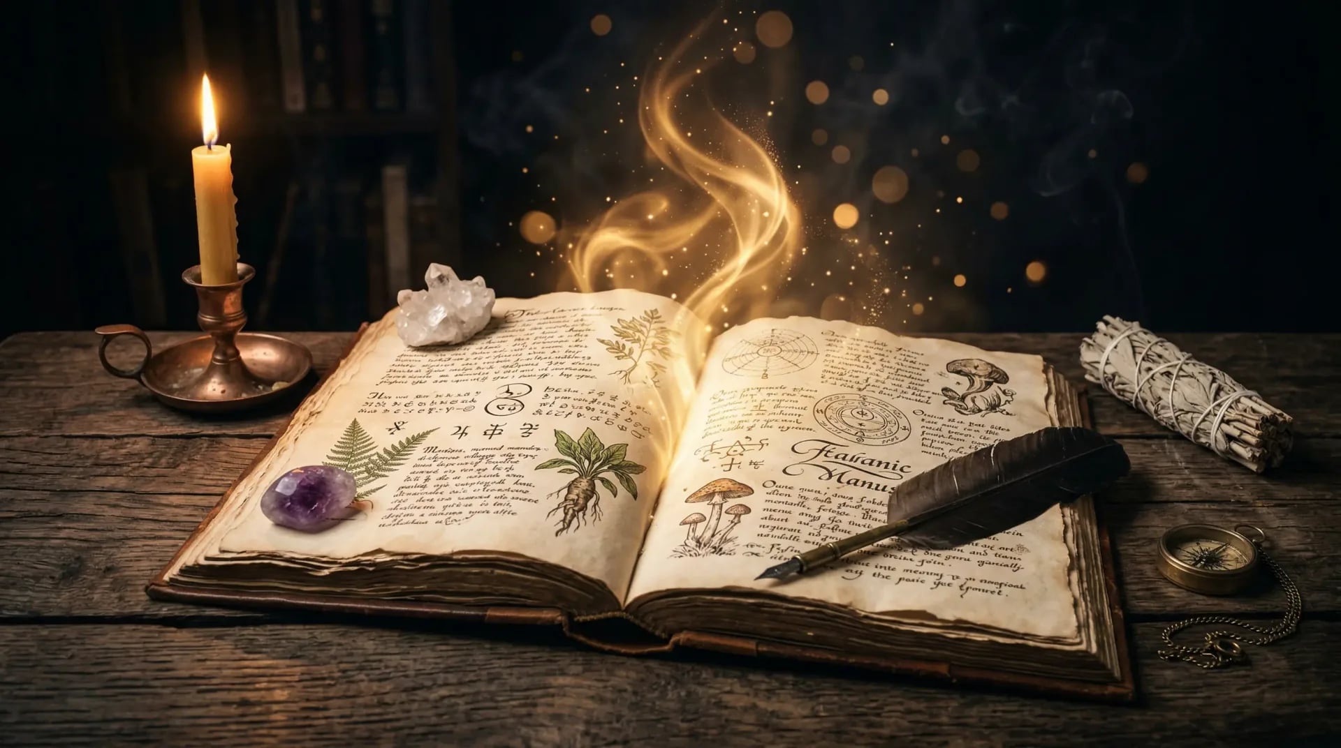 Offenes schamanisches Grimoire mit goldenen Energiewirbeln, Wissen zur Fernheilung