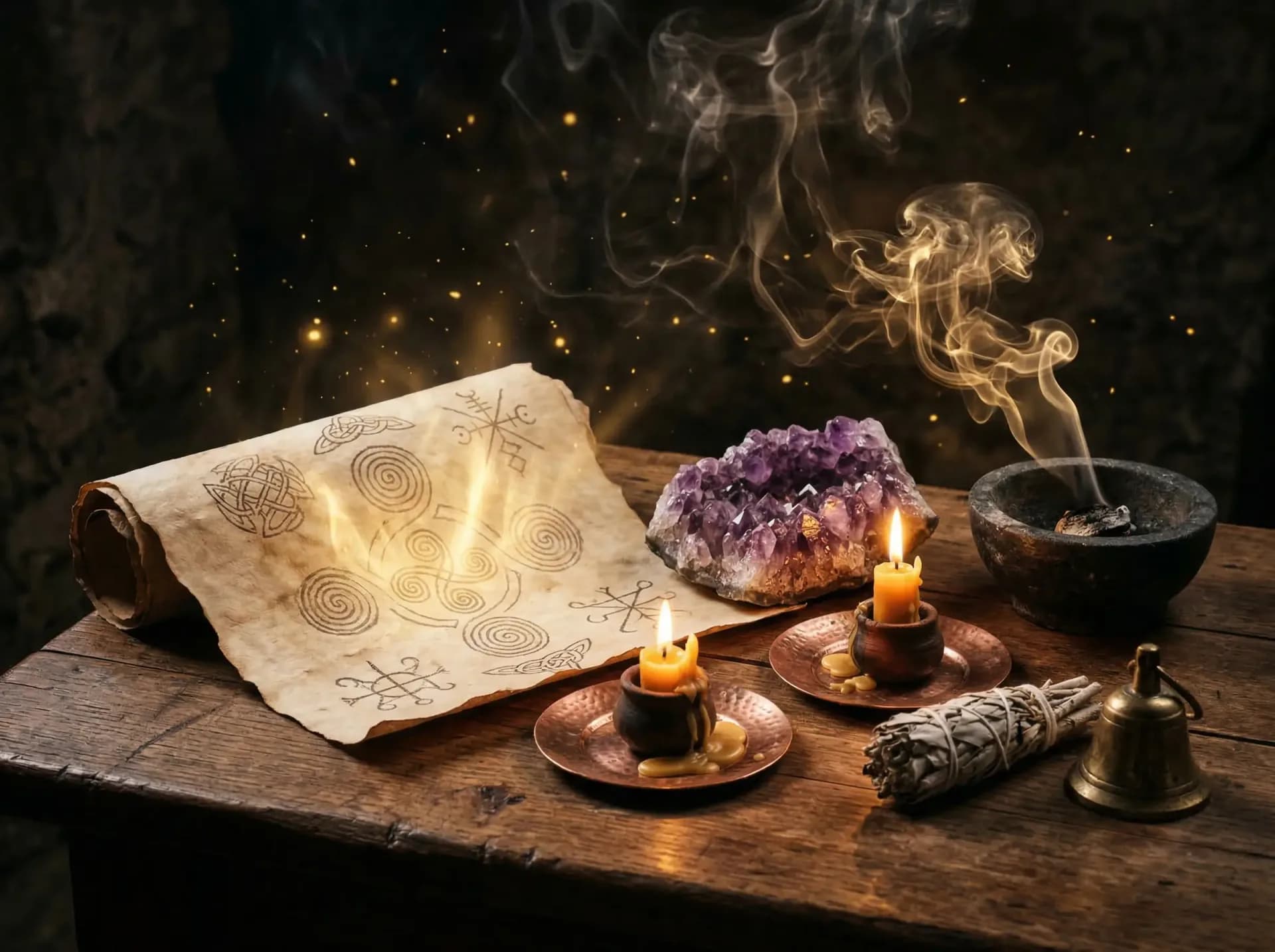 Altes Pergament mit keltischen Symbolen für karmische Belastungen früherer Inkarnationen, Amethyst und Räucherwerk