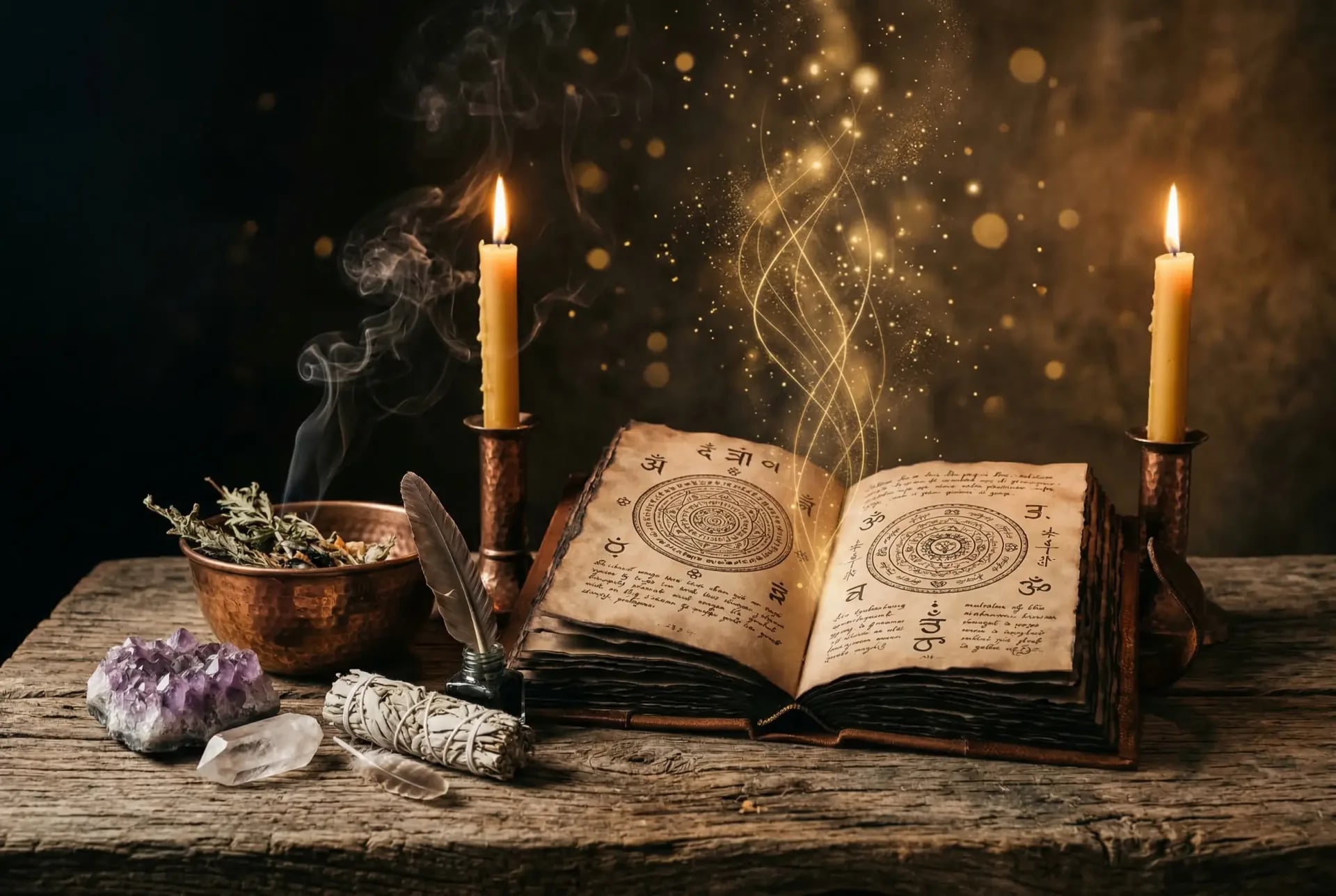 Schamanisches Ritual zur Karma-Auflösung mit altem Grimoire, Heilkristallen und Kerzenlicht auf Holztisch