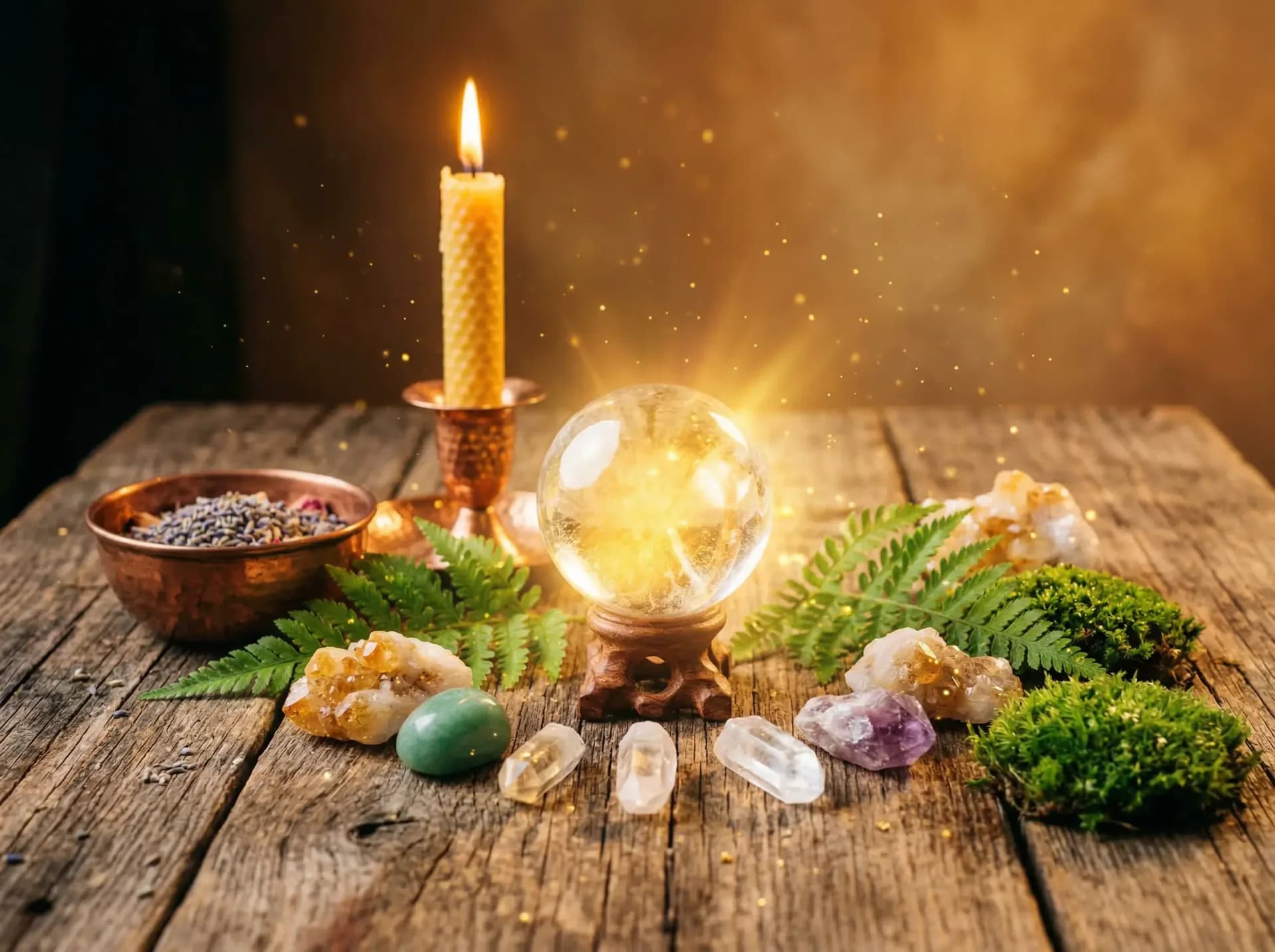 Leuchtende Kristallkugel umgeben von Heilsteinen und Grün als Symbol für Karma auflösen und innere Harmonie