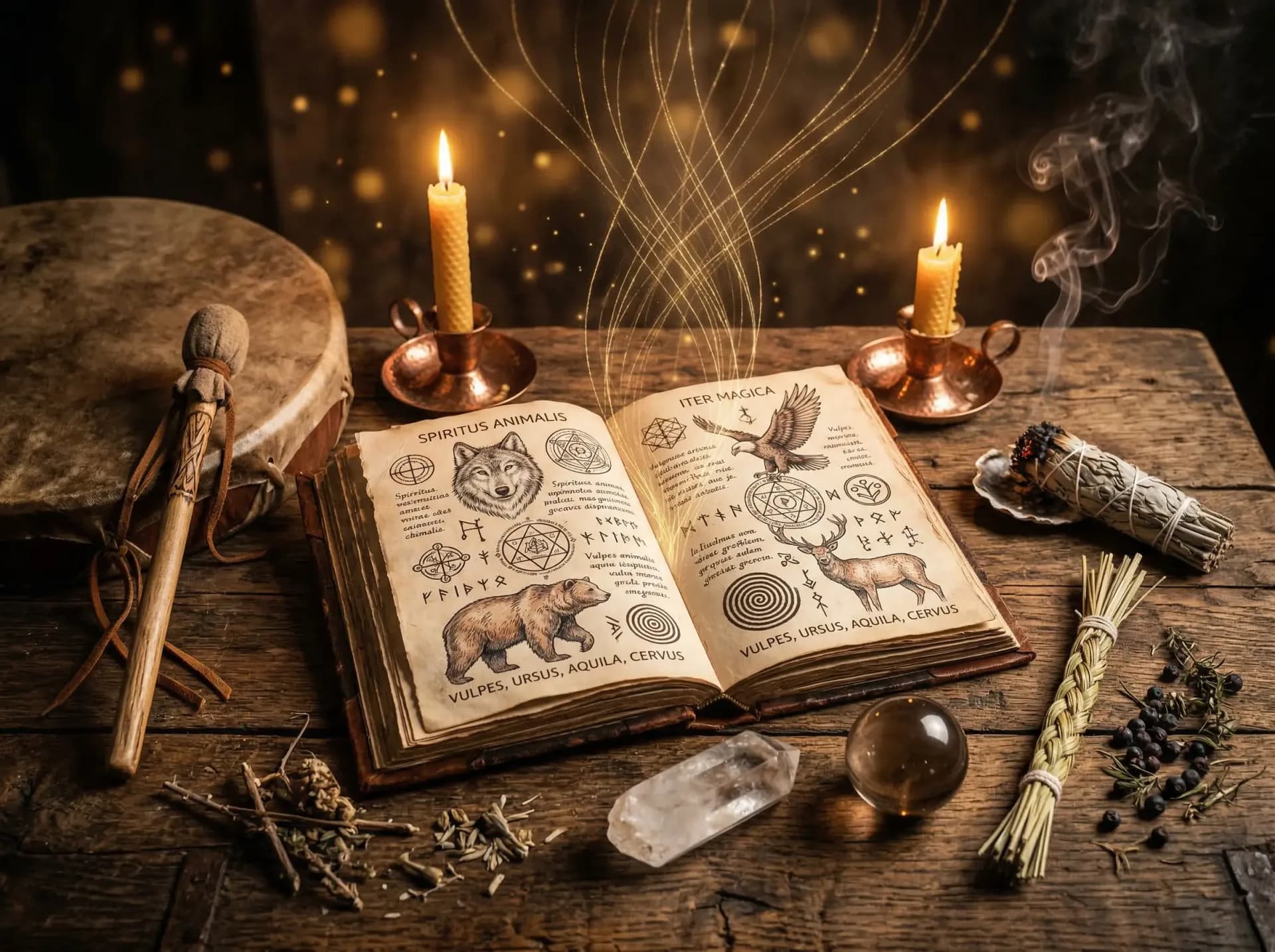 Altes Grimoire mit Krafttier-Illustrationen, Rahmentrommel und Kristallen auf Holztisch, bereit für die schamanische Krafttierreise