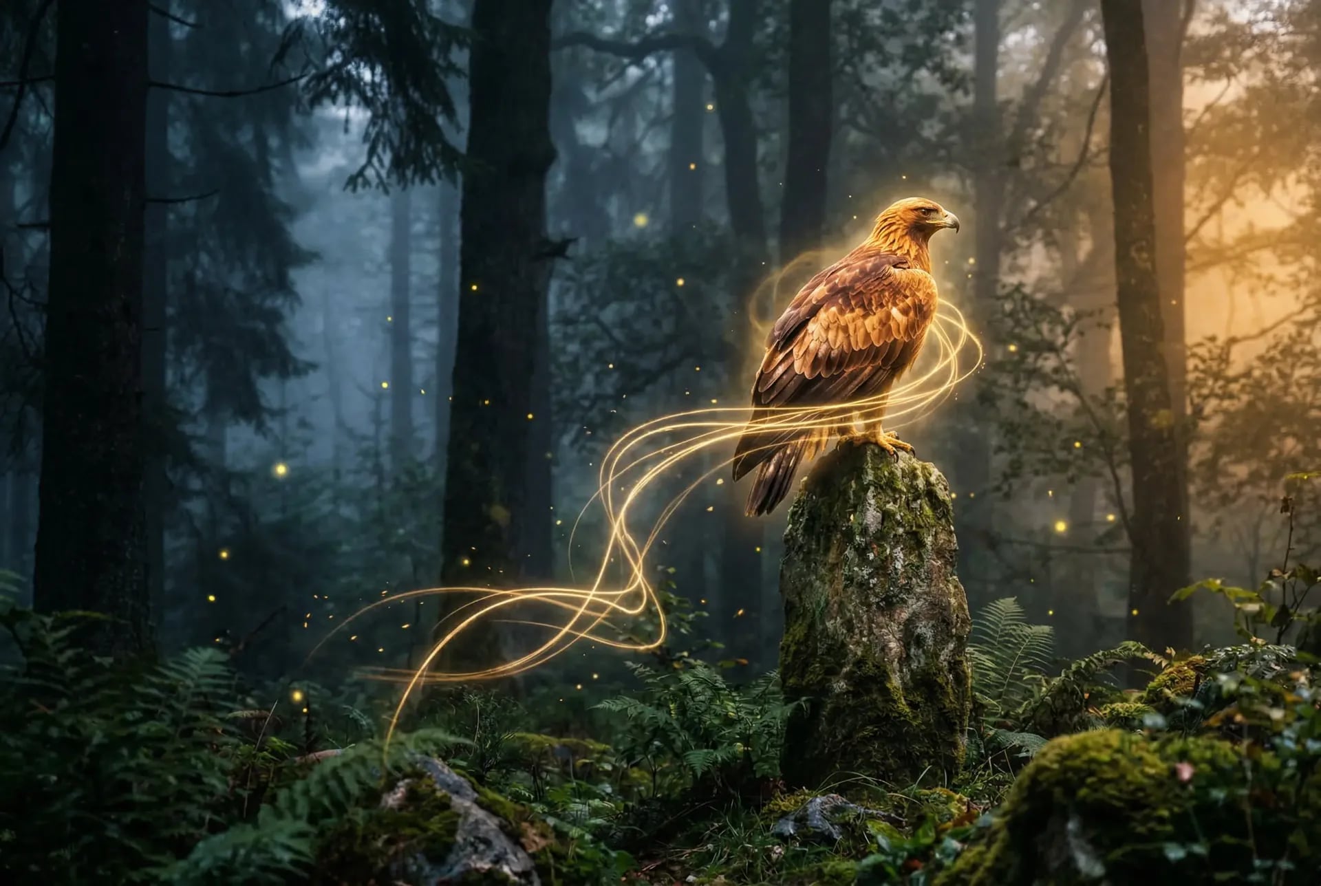 Goldener Adler auf moosbedecktem Stein im Nebelwald als Symbol für die schamanische Krafttiersuche