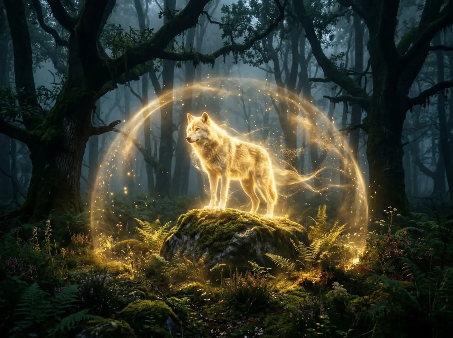 Leuchtender goldener Wolf mit Schutz-Aura im mystischen Wald, Sinnbild für Kraft und Führung durch dein Krafttier