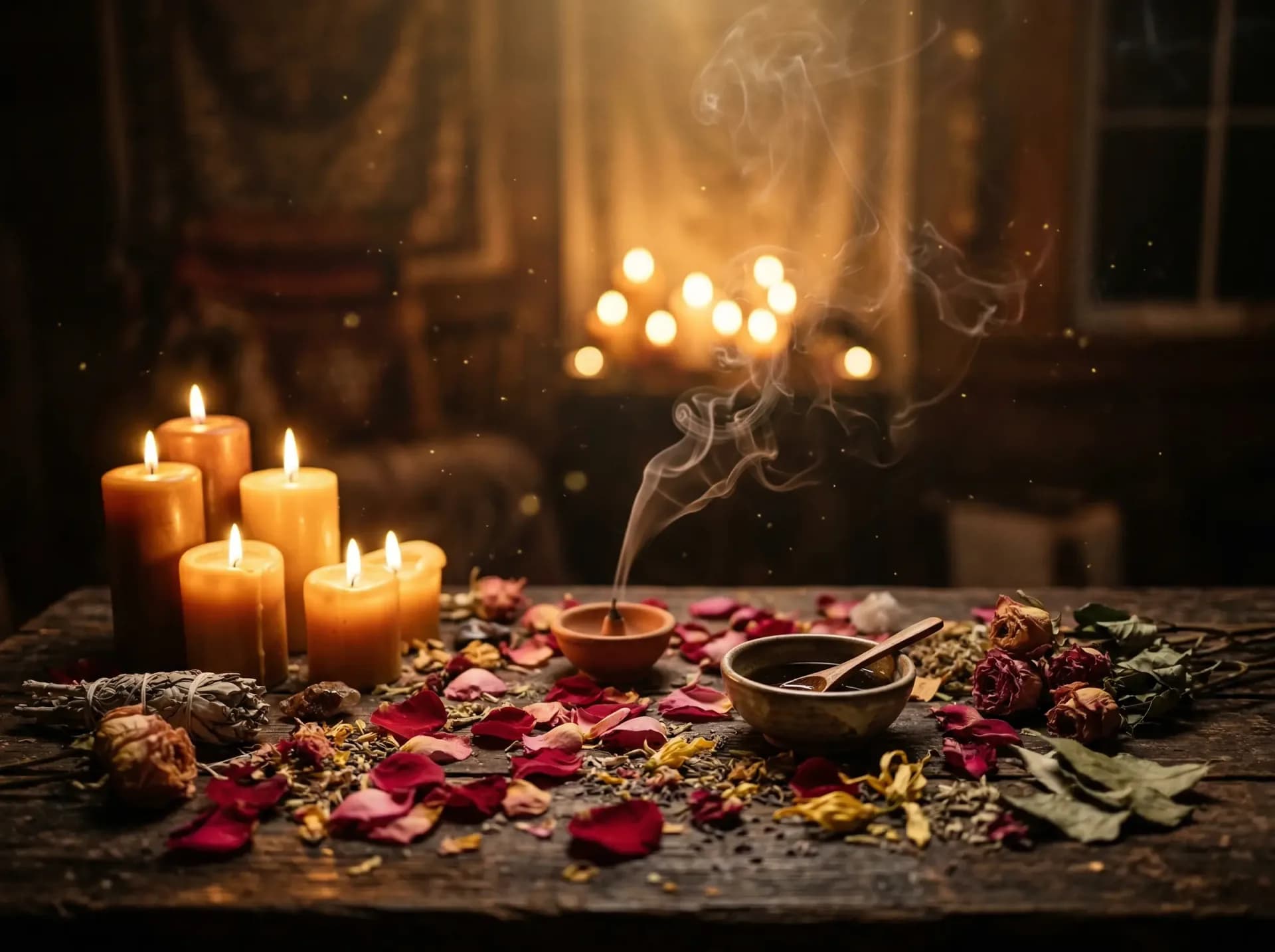 Schamanisches Liebeszauber-Ritual für Beziehungsheilung mit Kerzen und Ritualelementen