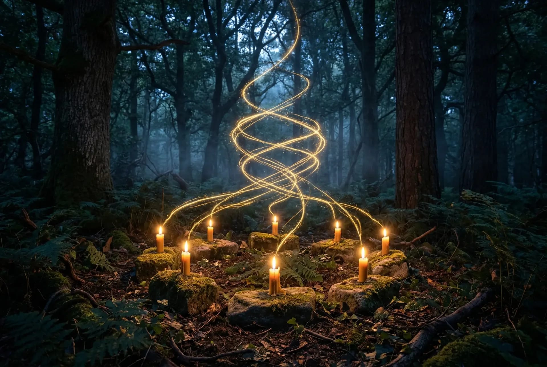Liebeszauber Ritual: Schamanische Kerzen in einem heiligen Waldkreis bei Nacht, goldene Energiefäden steigen aus den Flammen empor