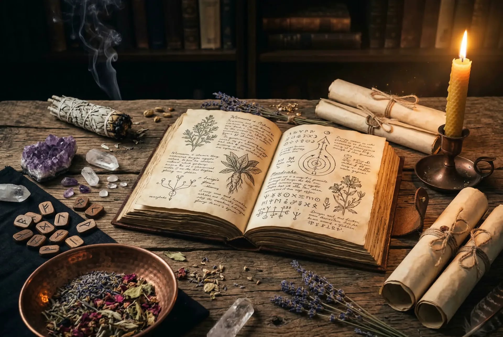 Aufgeschlagenes Grimoire mit Kristallen, Kräutern und Kerzen auf Holztisch – schamanisches Wissen und Werkzeuge für spirituelle Rituale und Heilung