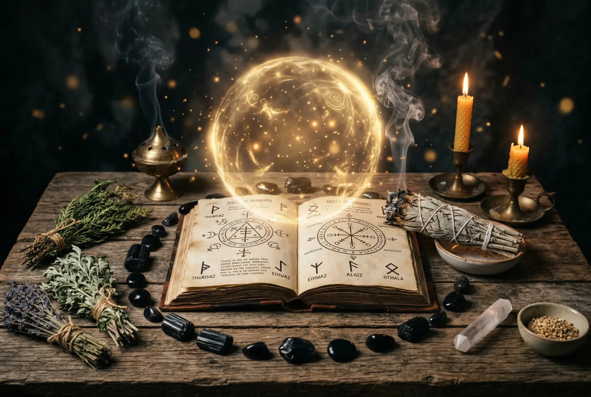 Schamanisches Schutzritual mit energetischem Schutzschild, Räucherwerk und goldener Schutzenergie