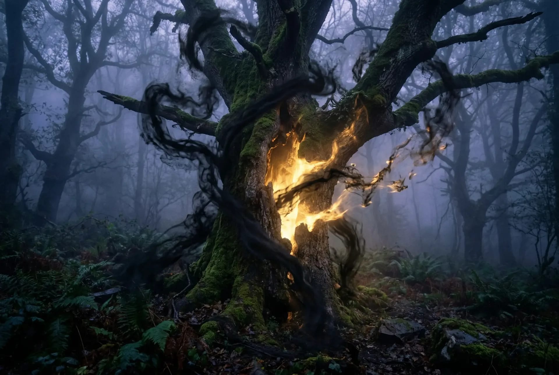 Schwarze Magie erkennen: Dunkle Energie löst sich in goldenem Licht auf im schamanischen Waldkreis