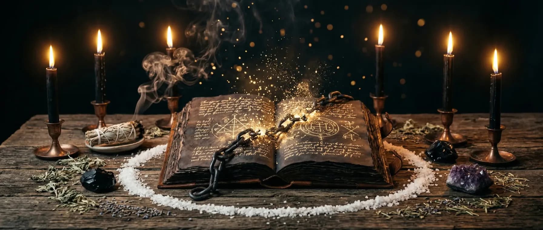 Schamanisches Ritual zur Fluchauflösung mit Kerzen, Räuchergefäß und Schutzkreis