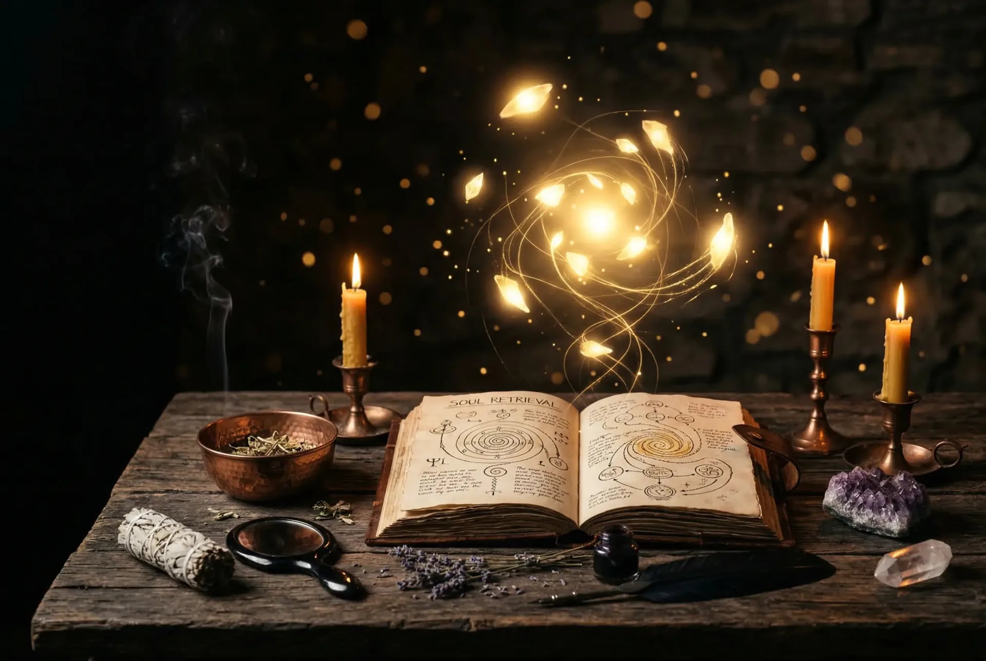 Seelenanteile zur\u00FCckholen: Goldene Seelenfragmente vereinen sich \u00FCber schamanischem Grimoire bei Kerzenlicht