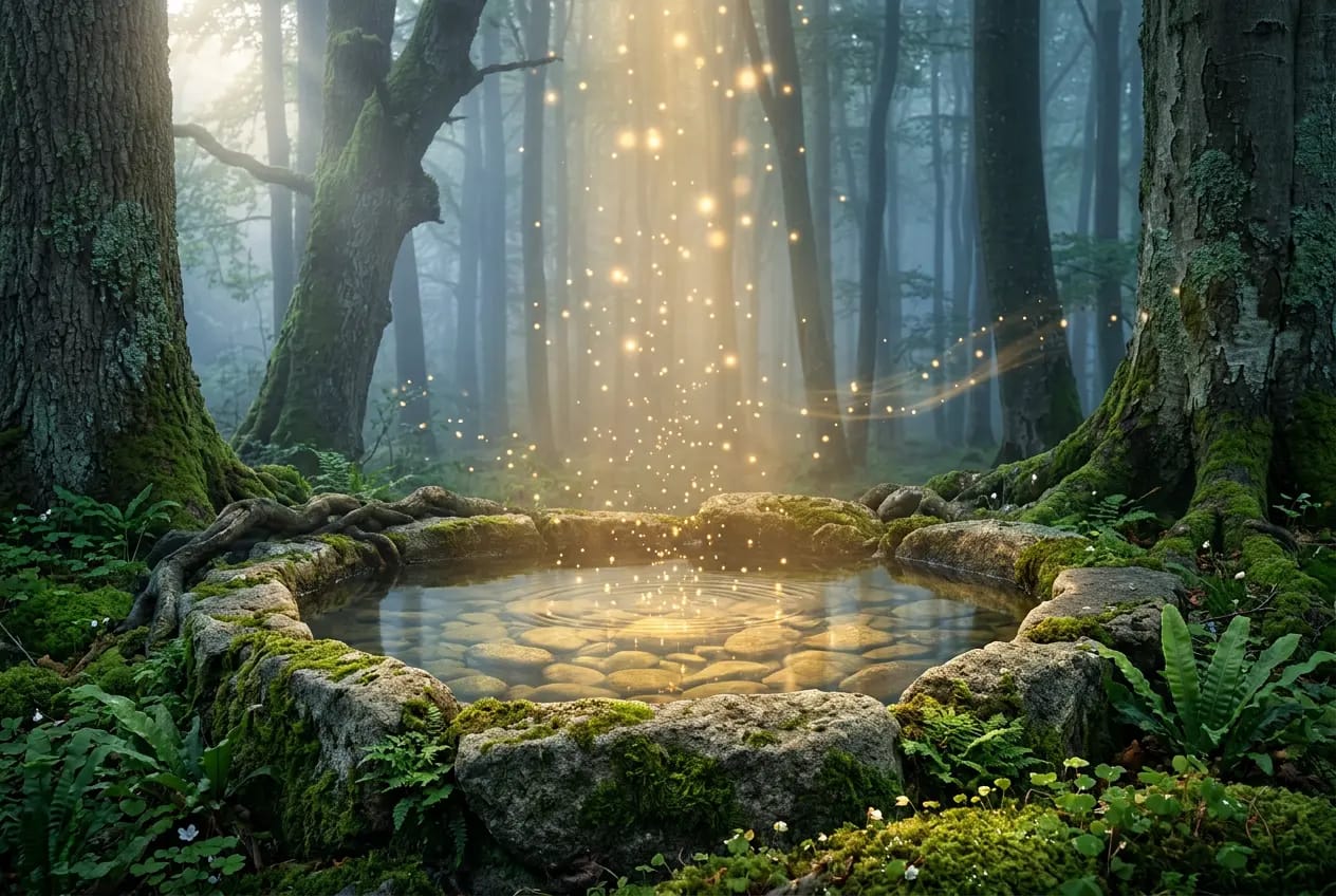Spirituelle Reinigung: Goldene Lichtpartikel steigen aus einem heiligen Steinbecken im uralten Wald empor